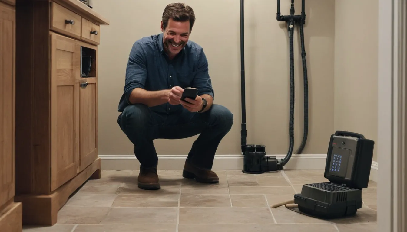 Homeowner photographing a damp basement floor drain for records
